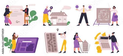 Real estate property searching, buying or renting service. Real property business agent and client buying house vector Illustration set. Property investment opportunity