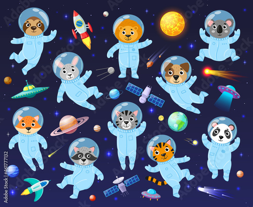 Cartoon space cosmonaut animals, cute animal astronauts. Galaxy space animals koala, racoon, leo and sloth vector illustration set. Animals astronauts flying in open space