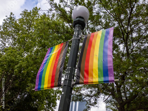 Low angle view of gay pride flag banners attached to a lamp post set against green trees in a downtown park