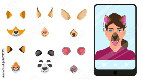 Cartoon animal faces masks for selfie, video chat mobile app. Selfie filters, mobile photo editor app animal faces masks vector illustration. Video chat funny faces