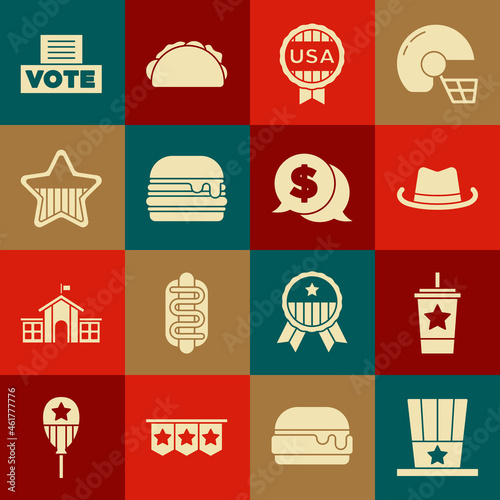 Set Patriotic American top hat, Paper glass with straw, Western cowboy, Medal star, Burger, USA Independence day, Vote box and Coin money dollar icon. Vector