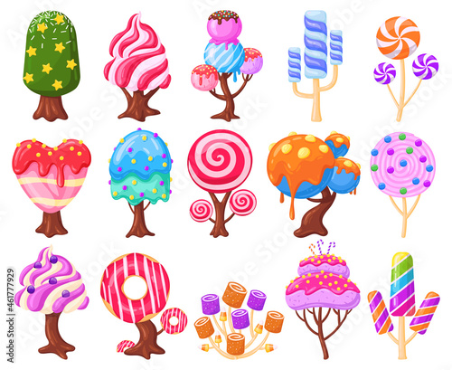Cartoon fantasy sweet candy land caramel trees. Fantasy nature  game design sweet candy landscape elements vector illustration set. Caramel  ice cream and marshmallow trees