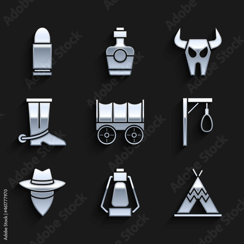 Set Wild west covered wagon  Camping lantern  Indian teepee or wigwam  Gallows  Cowboy  boot  Buffalo skull and Bullet icon. Vector