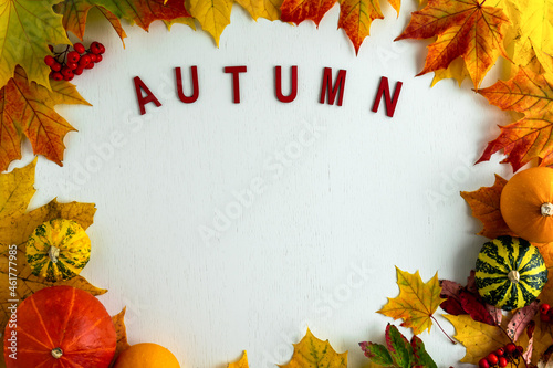 The word autumn is laid out in red letters. Autumn flat lay. Layout on a white background from autumn colored maple leaves and decorative pumpkins.