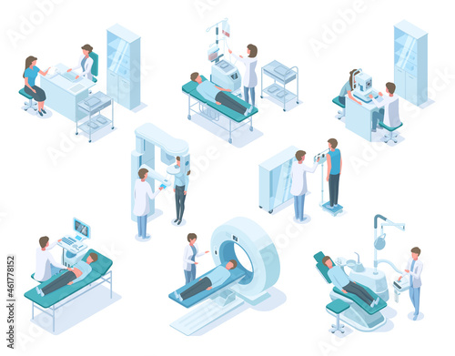Isometric doctors and patients with hospital medical diagnostic equipment. Hospital diagnostic, patients examined and treated vector illustration set. Medical examination