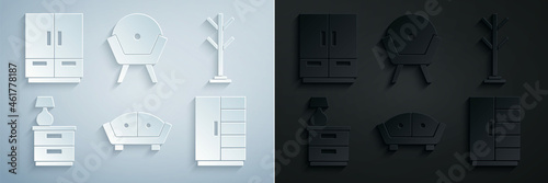 Set Sofa, Coat stand, Furniture nightstand with lamp, Wardrobe, Armchair and icon. Vector