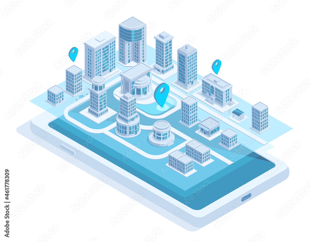 Isometric city map mobile navigation on smartphone screen. Modern smart city navigation mobile app vector illustration. City buildings online navigation Isometric city map mobile navigation on smartphone screen. Modern smart city navigation mobile app vector illustration. City buildings online navigation