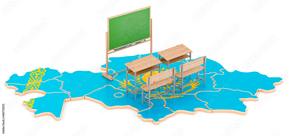 Fototapeta premium Education in Kazakhstan, concept. School desks and blackboard on Kazakhstan map. 3D rendering