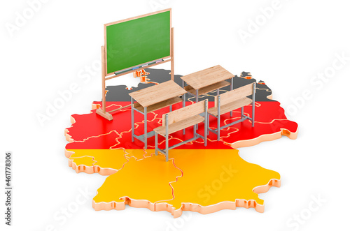 Education in Germany  concept. School desks and blackboard on Germany map. 3D rendering