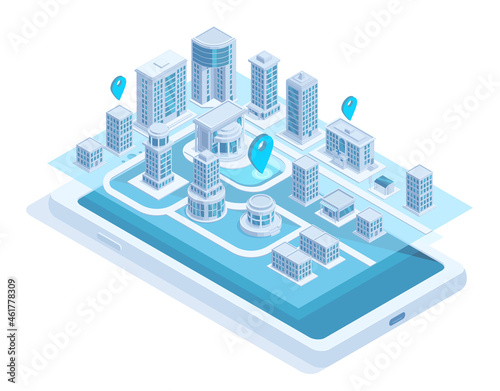 Isometric city map mobile navigation on smartphone screen. Modern smart city navigation mobile app vector illustration. City buildings online navigation