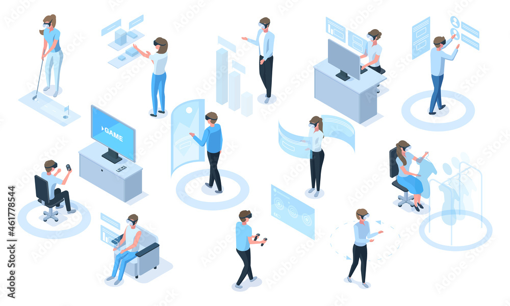 Isometric people in headsets use virtual reality simulators. Characters in vr glasses playing, learning, working vector illustration set. Virtual augmented reality activities