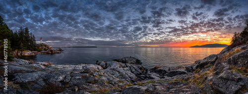 Panoramic view of a Lighthouse Park on a rocky coast during a dramatic cloudy sunset. Horseshoe Bay  West Vancouver  British Columbia  Canada. Nature Background