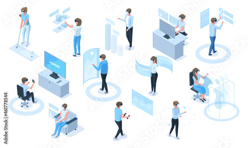Isometric people in headsets use virtual reality simulators. Characters in vr glasses playing, learning, working vector illustration set. Virtual augmented reality activities