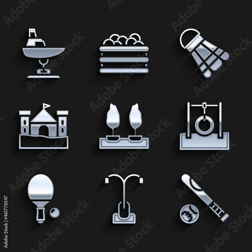 Set Forest, Street light, Baseball bat with ball, Car tire hanging on rope, Racket and, Sand castle, Badminton shuttlecock and Swing boat icon. Vector