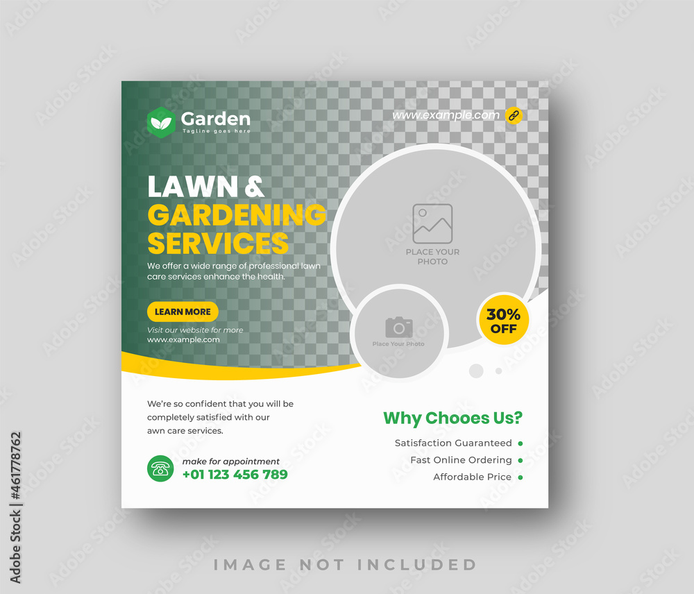 Clean Elegant Lawn garden care service social media post and web banner template