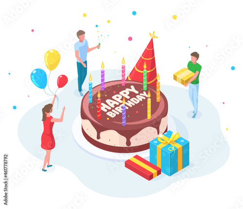 Isometric happy birthday party people celebration concept. Characters celebrating birthday event, congratulate birthday person vector illustration. Happy birthday festivity