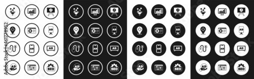 Set Board with graph chart, Browser setting, Target, Lead management, Advertising, Monitor, and icon. Vector