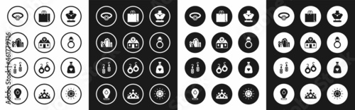 Set Necklace on mannequin, Jewelry store, Gem stone, Diamond engagement ring, Shopping bag jewelry, Bag with gems and Earrings icon. Vector