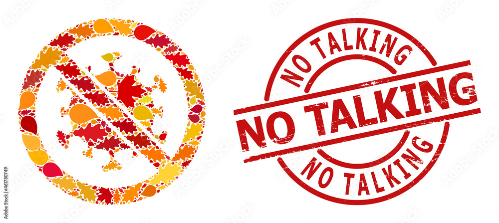 Stop Covid Virus composition icon created for fall season, and NO TALKING scratched stamp print. Vector stop covid virus mosaic is shaped from scattered fall maple and oak leaves. Stop Covid Virus composition icon created for fall season, and NO TALKING scratched stamp print. Vector stop covid virus mosaic is shaped from scattered fall maple and oak leaves.