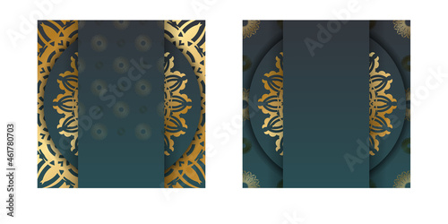 Greeting card with gradient green color with abstract gold pattern prepared for printing.