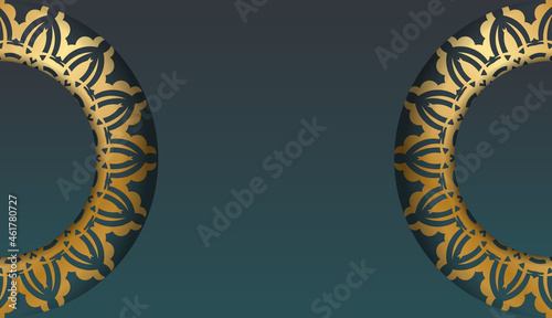 Greeting card with gradient green color with abstract gold pattern prepared for typography.