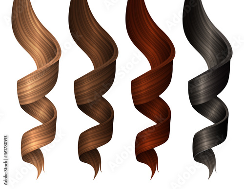 Set of Wavy Strands of Colorful Hair Locks. Vector Realistic 3d Illustration. Design Element for Hairdressers, Beauty Salons, Hair Care Cosmetics, Shampoo or Conditioner Packaging