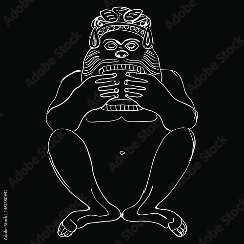 Squatting ancient Greek god Pan playing flute. Satyr or Silenus. Hand drawn linear doodle rough sketch. White silhouette on black background.