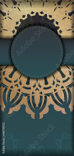 Gradient green gradient greeting card with Indian gold pattern prepared for printing.