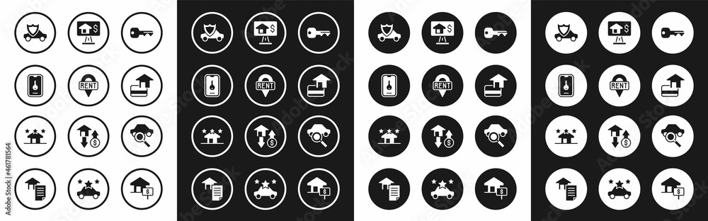 Set House key, Location, Online real estate, Car with shield, Credit card, sharing and Real icon. Vector