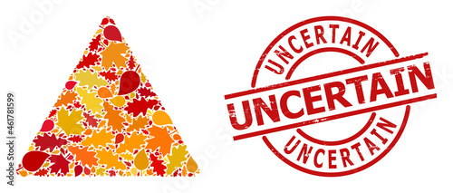 Praying Person Warning collage icon constructed for fall season, and Uncertain unclean stamp seal. Vector praying person warning mosaic is organized of scattered autumn maple and oak leaves.