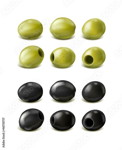 3d realistic vector icon set. Green    and black olives. Isolated on white background.