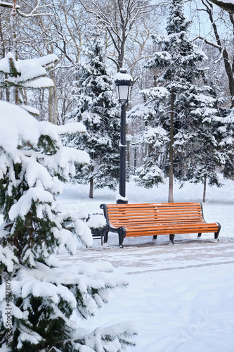 orange bench in the park in the snow in winter