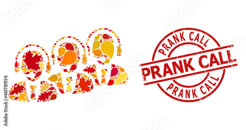 Call Center Staff collage icon created for fall seasonwith PRANK CALL corroded stamp seal. Vector call center staff mosaic is constructed of random fall maple and oak leaves.