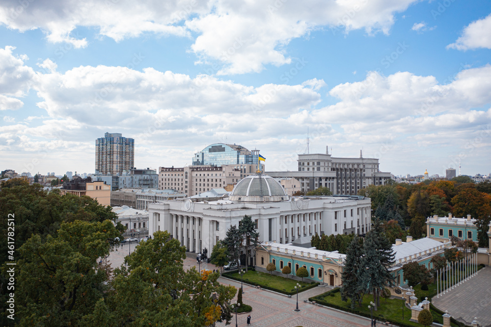 Verkhovna Rada (parliament) building in Kyiv. View from drone