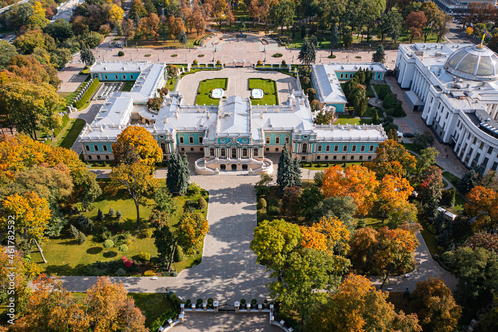 Mariinskyi Palace - the official ceremonial residence of the President of Ukraine and Verkhovna Rada building in Kyiv. View from drone