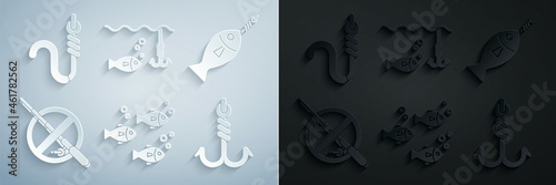 Set Fish, on hook, No fishing, Fishing, under water with and and worm icon. Vector