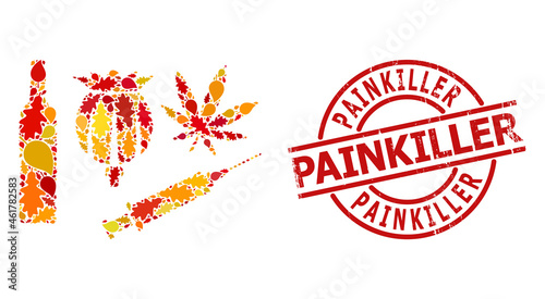 Addiction Drugs mosaic icon created for fall season, and PAINKILLER rubber stamp seal. Vector addiction drugs mosaic is constructed with randomized autumn maple and oak leaves.