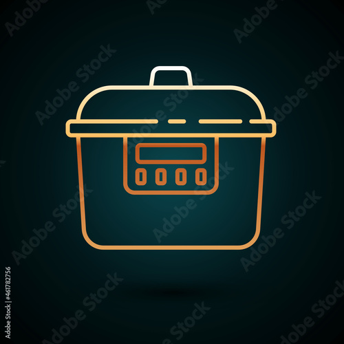 Gold line Slow cooker icon isolated on dark blue background. Electric pan. Vector