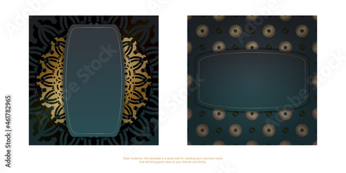 Greeting Brochure with gradient green color with mandala gold pattern prepared for printing.