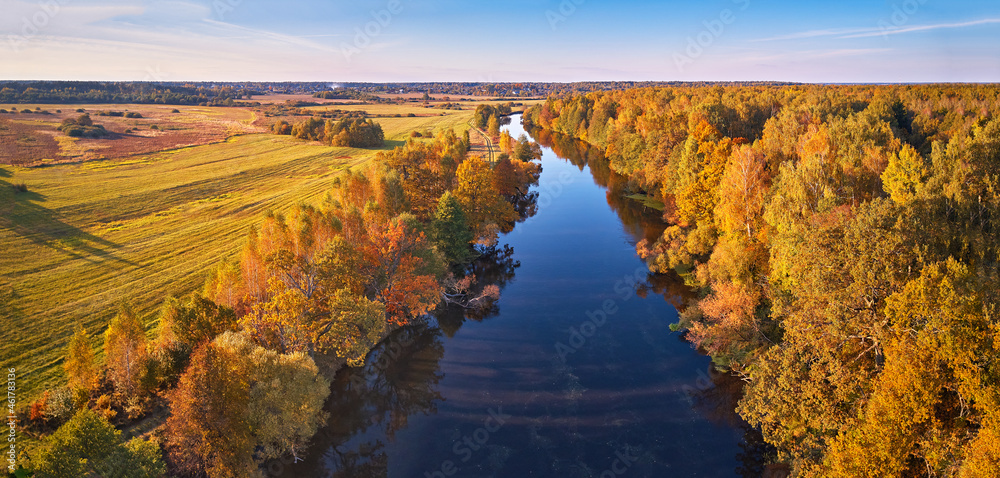 Wild forest, river, meadow sunset panorama. Idyllic autumn sunny landscape, rural aerial scene - stock photo
