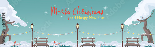 Winter panorama of the park with trees, benches, lanterns, city silhouette. Horizontal design element for card, header, invitation. Vector illustration.