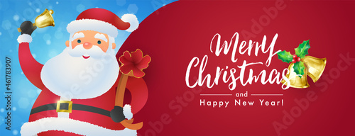 Santa Claus carrying heavy red back with handwritten lettering of Merry Christmas banner template. Vector flat illustration.