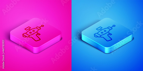 Isometric line Ray gun icon isolated on pink and blue background. Laser weapon. Space blaster. Square button. Vector