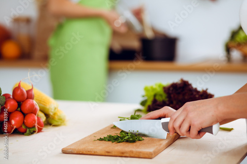 Unknown young woman slicing greens for a delicious fresh vegetarian salad while sitting and smiling at the kitchen desk, just hands, close-up. Cooking concept