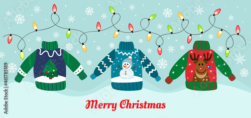 Christmas ugly sweaters set with deer, snowman and spruce.