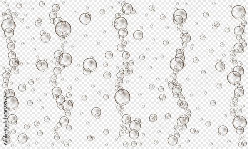 Oxygen bubbles on transparent background. Fizzy carbonated drink, seltzer, beer, soda, cola, lemonade, champagne, sparkling wine texture. Sea or aquarium water stream. Vector realistic illustration.