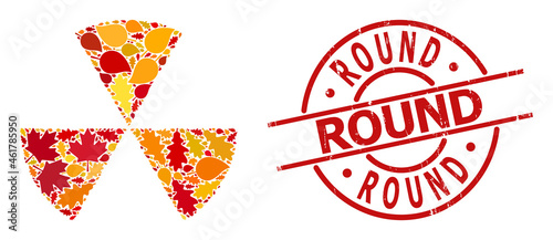 Circle Sectors mosaic icon combined for fall season, and Round rubber stamp print. Vector circle sectors mosaic is organized from random fall maple and oak leaves.