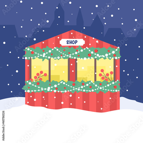 Christmas market stall with festive decoration. Outdoor festival stand.