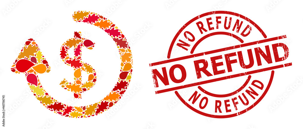 Refund mosaic icon done for fall season, and No Refund textured stamp seal. Vector refund mosaic is organized with random fall maple and oak leaves.