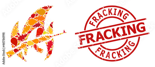 War Fire mosaic icon designed for fall season, and FRACKING unclean stamp seal. Vector war fire mosaic is constructed with scattered fall maple and oak leaves.